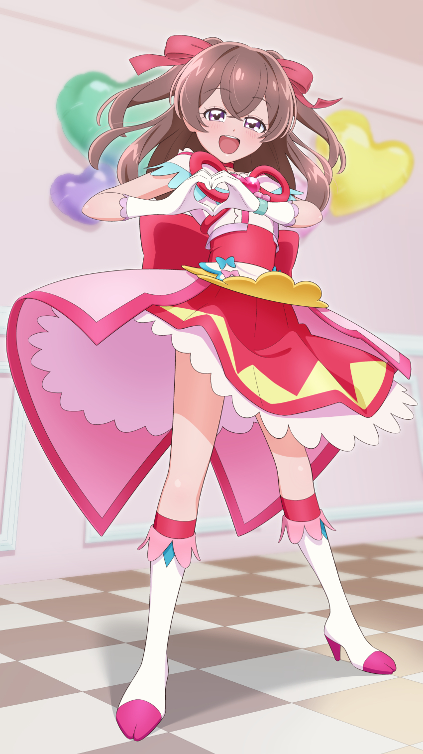 1girl :d absurdres apron back_bow balloon bare_shoulders blurry blurry_background blush boots bow brooch brown_hair checkered_floor choker commentary cosplay cure_precious cure_precious_(cosplay) delicious_party_precure dress frilled_dress frilled_skirt frilled_sleeves frills full_body gloves hair_between_eyes hair_ornament hair_ribbon hands_up heart heart_balloon heart_brooch heart_hands highres huge_bow jewelry knee_boots legs_apart looking_at_viewer magical_girl medium_hair moe_moe_kyun! nagomi_yui off-shoulder_dress off_shoulder open_mouth own_hands_together pink_dress precure purple_eyes red_bow red_choker red_ribbon ribbon self_cosplay short_dress skirt smile solo standing tiler_(tiler00) two_side_up waist_apron white_apron white_footwear white_gloves