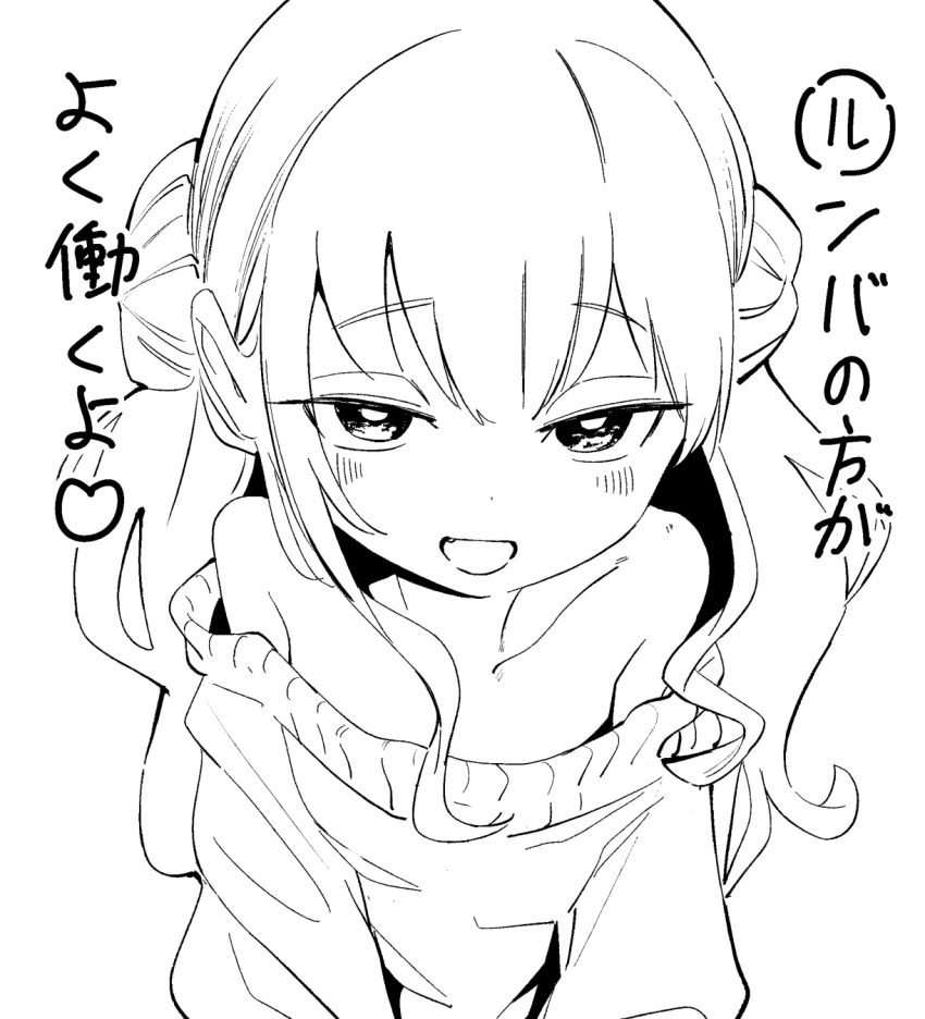 1girl bare_shoulders blush commentary_request double_bun fang flat_chest hair_bun highres long_hair looking_at_viewer mesugaki monochrome nikumaru off-shoulder_sweater off_shoulder open_mouth original sketch smile solo sweater translation_request