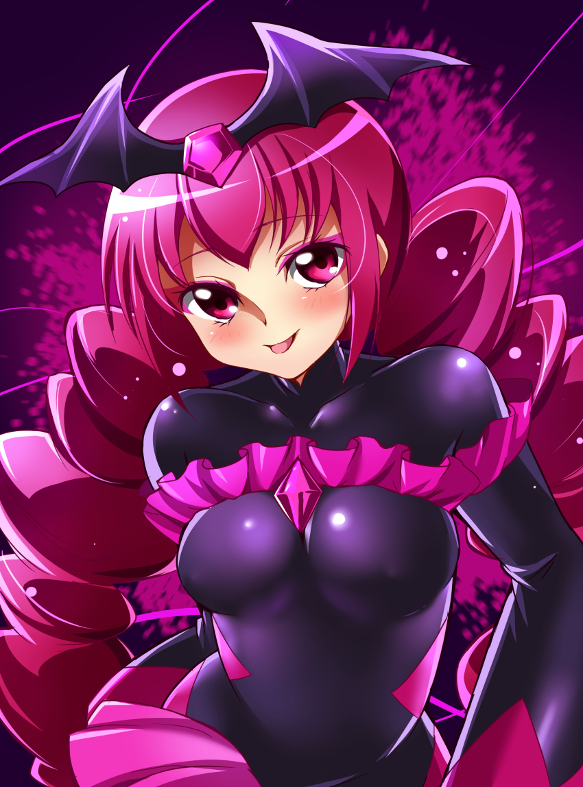 10s 1girl absurdres bad_end_happy bad_end_precure bad_id bad_pixiv_id black_bodysuit bodysuit eyeshadow female_focus gem gradient_background highres long_hair makeup pink_background pink_eyes pink_hair pink_skirt precure sharumon skirt smile smile_precure! solo twintails