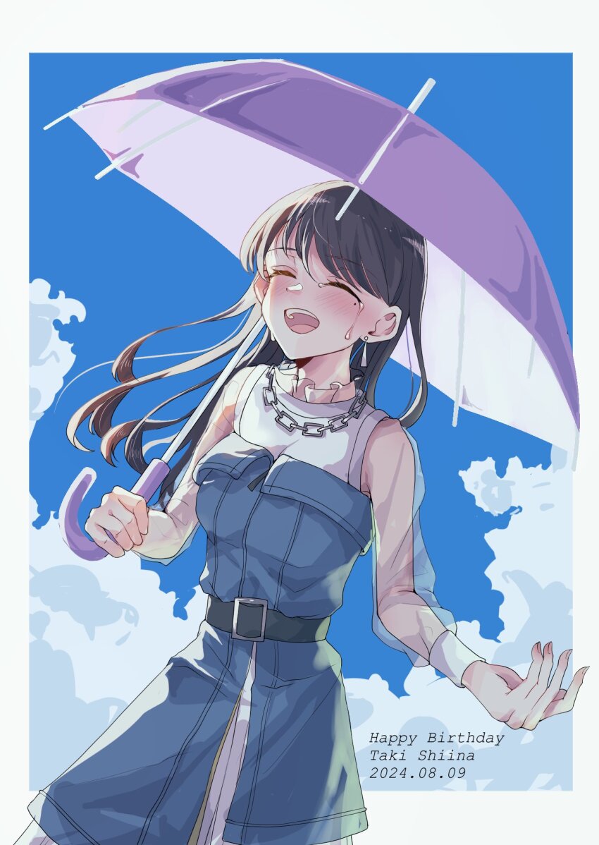 1girl bang_dream! bang_dream!_it&#039;s_mygo!!!!! belt black_belt black_hair blush character_name closed_eyes cloud commentary crying dated earrings english_text happy_birthday highres holding holding_umbrella jewelry long_hair long_sleeves mole mole_under_eye open_mouth rousei see-through_clothes see-through_sleeves shiina_taki sky smile solo teeth umbrella upper_teeth_only