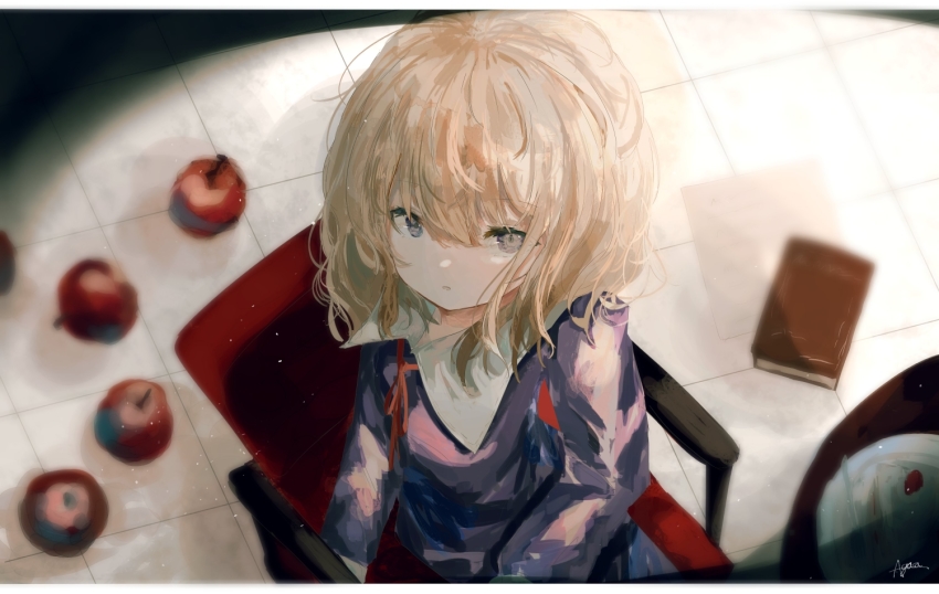 1girl agasa_(akasa_anodan) apple blonde_hair blurry book chair collared_dress commentary_request depth_of_field dress food fruit grey_eyes hair_between_eyes long_sleeves looking_at_viewer looking_up maribel_hearn neck_ribbon no_headwear no_headwear purple_dress red_ribbon ribbon short_hair signature sitting solo tile_floor tiles touhou upper_body