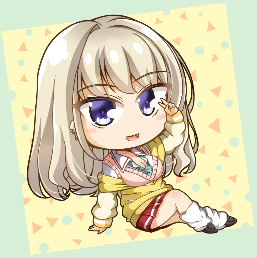 1girl :d ambitious_mission arm_support blonde_hair blue_eyes blush_stickers breasts chibi cleavage collared_shirt commentary_request earrings eyelashes eyes_visible_through_hair full_body gyaru hair_between_eyes hand_up happy highres hongou_nijimu hoop_earrings jewelry knee_up kogal large_breasts long_hair long_sleeves looking_at_viewer loose_socks miniskirt open_mouth pink_sweater_vest pleated_skirt red_skirt shiroimaru shirt simple_background sitting skirt sleeves_past_wrists smile socks solo stud_earrings sweater sweater_vest tsurime v v_over_eye white_shirt white_socks yellow_background yellow_sweater