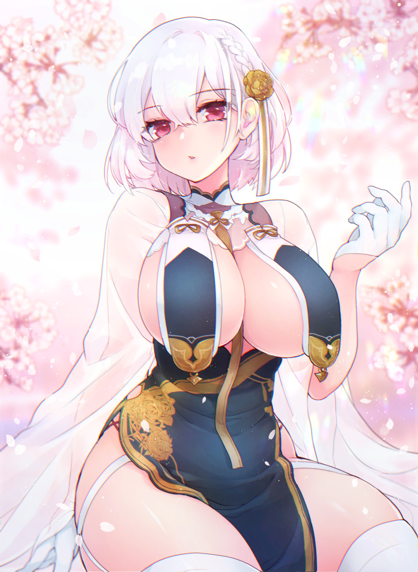 1girl alternate_costume arm_behind_back azur_lane black_dress braid branch breast_curtains breasts cherry_blossoms china_dress chinese_clothes dress eyelashes garter_straps gloves hair_between_eyes hair_ornament half_gloves hand_up highres large_breasts looking_at_viewer no_bra outdoors parted_lips pelvic_curtain red_eyes revealing_clothes see-through_clothes see-through_sleeves shichijou_natori short_hair sirius_(azur_lane) sirius_(azure_horizons)_(azur_lane) sitting solo thick_thighs thighhighs thighs white_gloves white_hair white_thighhighs wide_hips