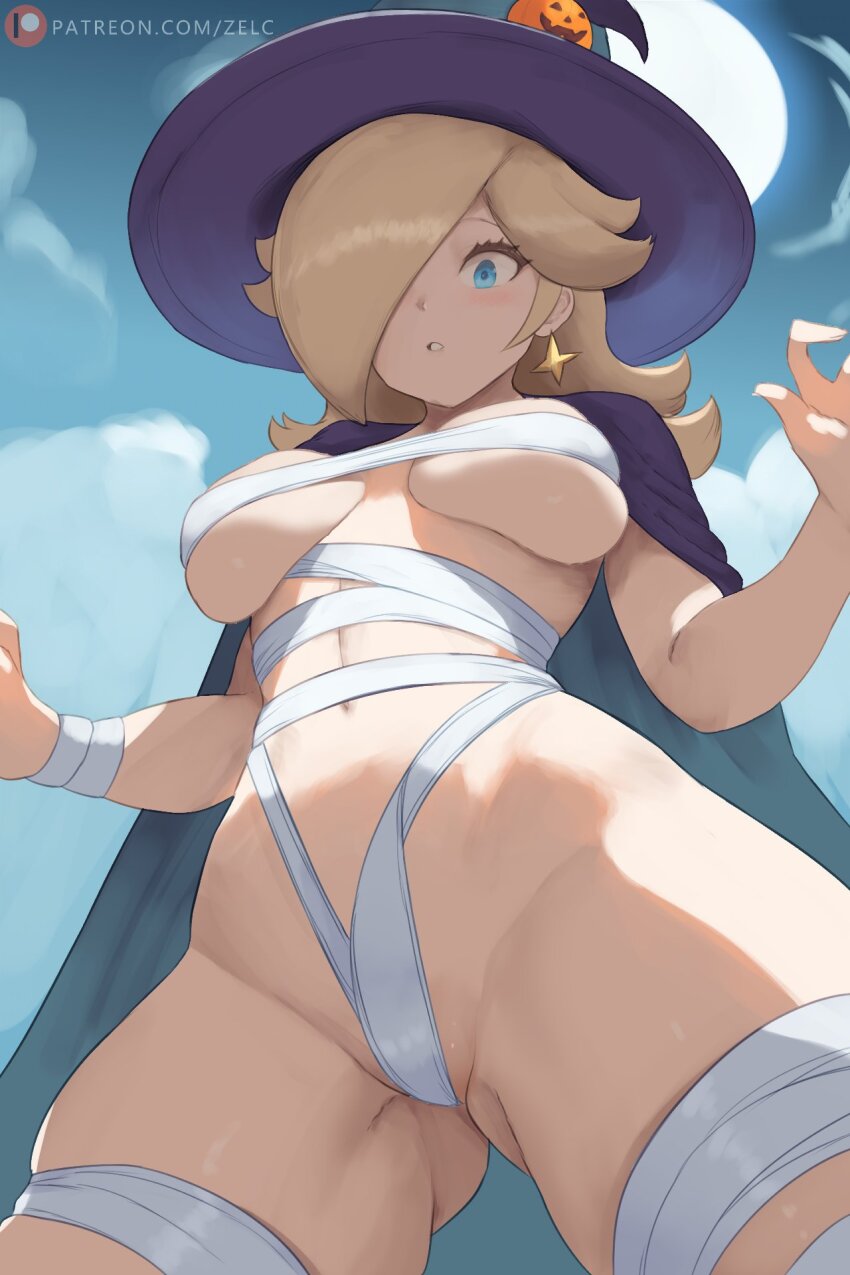 1girl bandages blonde_hair blue_eyes breasts cape commentary earrings english_commentary from_below gluteal_fold hair_over_one_eye hat highres jewelry large_breasts looking_down mario_(series) moon navel nintendo outdoors rosalina solo thighs underboob witch_hat zelc-face