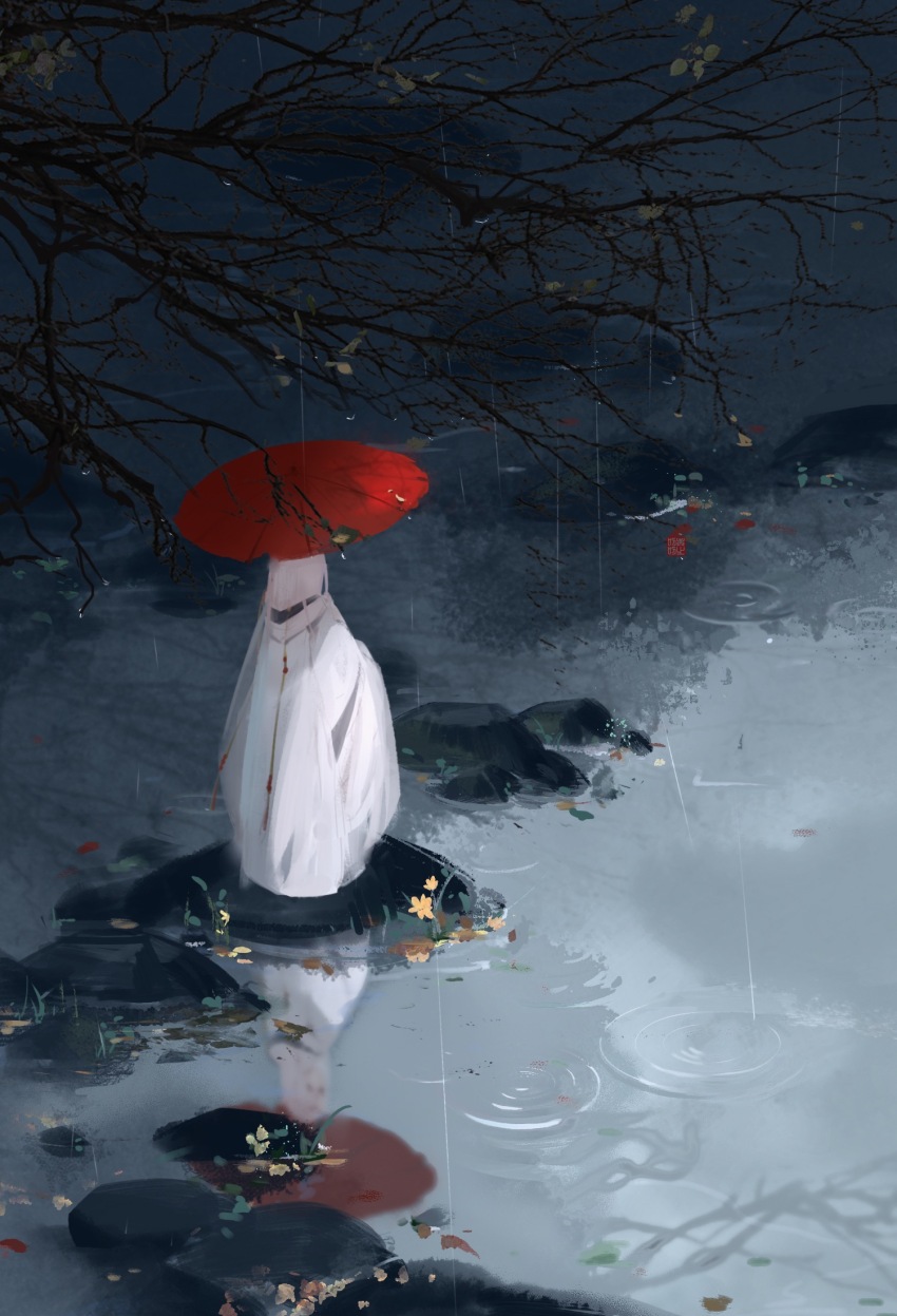 1boy artistic_error bad_reflection chinese_clothes coat flower full_body jinguang_budaixi hanfu highres holding holding_umbrella jinguang_budaixi long_hair parasol pink_flower qiluosheng rain reflection reflective_water scenery solo tree umbrella water weizhidaodao white_coat white_hair