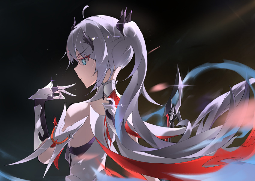 1girl absurdres bare_shoulders blue_eyes cape hair_ornament highres holding holding_sword holding_weapon honkai_(series) honkai_impact_3rd kiana_kaslana kiana_kaslana_(herrscher_of_flamescion) long_hair looking_to_the_side ponytail sword weapon white_hair zoedaartistry