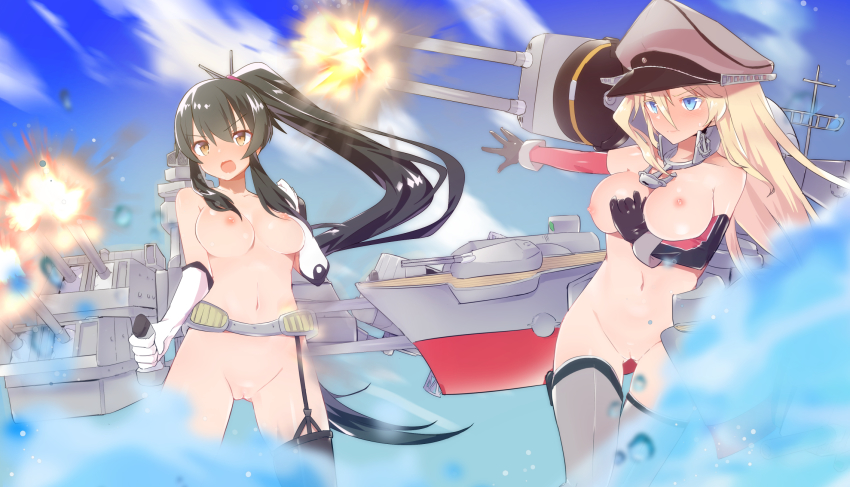 2girls bare_shoulders bismarck_(kancolle) black_gloves black_hair blonde_hair blue_eyes blue_sky blush breasts caburi caburi_aki cleft_of_venus closed_mouth cloud cloudy_sky collarbone day elbow_gloves feet_out_of_frame gloves gluteal_fold hair_between_eyes hat highres kantai_collection legs_apart long_hair machinery medium_breasts multiple_girls navel nipples nude open_mouth outdoors pussy shiny_skin single_thighhigh sky tears thighhighs uncensored v-shaped_eyebrows weapon white_gloves yahagi_(kancolle)