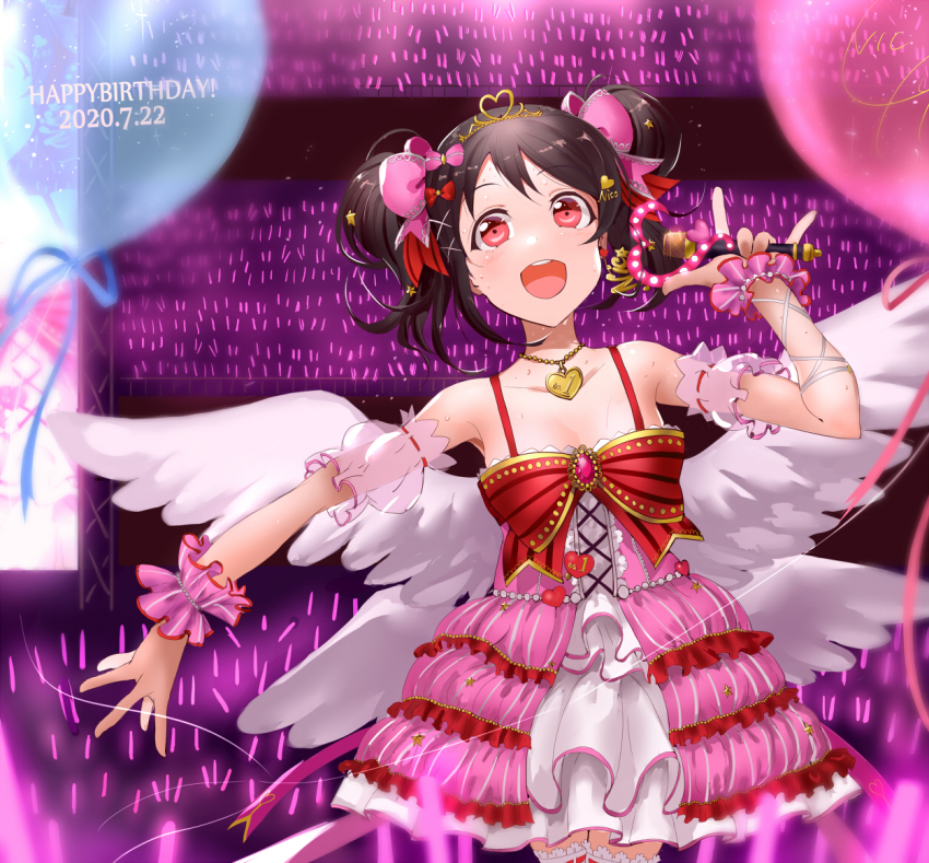 1girl arm_ribbon artist_name artist_request bare_shoulders black_hair blush bow breasts cleavage collarbone cross-laced_clothes cross-laced_dress dress earrings female_focus hair_bow hair_ornament hairclip heart heart_earrings heart_hair_ornament heart_necklace holding holding_microphone jewelry jyon looking_at_viewer love_live! love_live!_school_idol_festival love_live!_school_idol_festival_all_stars love_live!_school_idol_project microphone necklace parted_lips pink_bow pink_dress pink_wrist_cuffs red_eyes ribbon short_hair skirt small_breasts smile solo star_(symbol) star_hair_ornament striped_clothes striped_skirt tiara twintails white_legwear white_skirt white_wings wings wrist_cuffs x_hair_ornament yazawa_nico