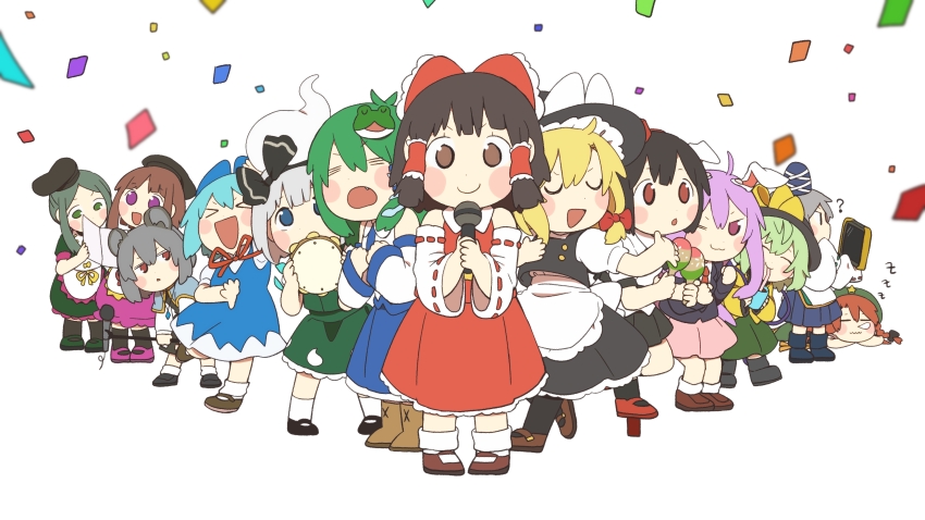 &gt;_&lt; 6+girls :3 :d =_= ? absurdres animal_ears ankle_boots apron beret black_dress black_hair black_hairband black_hat black_jacket black_skirt black_socks black_vest blonde_hair blue_bow blue_dress blue_eyes blue_hair blue_shawl blue_skirt blush blush_stickers bob_cut boots bow bow_hairband braid brown_eyes brown_hair chestnut_mouth cirno citrus_(place) closed_eyes collared_shirt commentary_request confetti cup dancing detached_sleeves dress frills frog_hair_ornament geta green_dress green_eyes green_hair green_skirt green_vest grey_hair hair_bow hair_ornament hair_tubes hairband hakurei_reimu half-closed_eyes hat hat_bow highres hitodama_print holding holding_cup holding_instrument holding_maracas holding_microphone holding_microphone_stand holding_tablet_pc hong_meiling instrument jacket japanese_clothes kariginu kirisame_marisa kochiya_sanae komeiji_koishi konpaku_youmu konpaku_youmu_(ghost) loafers long_hair long_sleeves looking_at_viewer maracas mary_janes medium_hair microphone microphone_stand mononobe_no_futo mouse_ears multiple_girls music nazrin necktie nishida_satono open_mouth parted_hair pink_dress pink_skirt puffy_short_sleeves puffy_sleeves purple_eyes purple_hair rabbit_ears red_bow red_eyes red_hair red_necktie red_skirt red_vest reisen_udongein_inaba shameimaru_aya shawl shirt shoes short_hair short_hair_with_long_locks short_sleeves simple_background singing skirt sleeping smile snake_hair_ornament socks star_(symbol) star_hair_ornament tablet_pc tambourine tareme tate_eboshi teireida_mai tengu-geta touhou triangle_print vest waist_apron white_background white_hair white_socks witch_hat xd yellow_bow yellow_shirt zzz