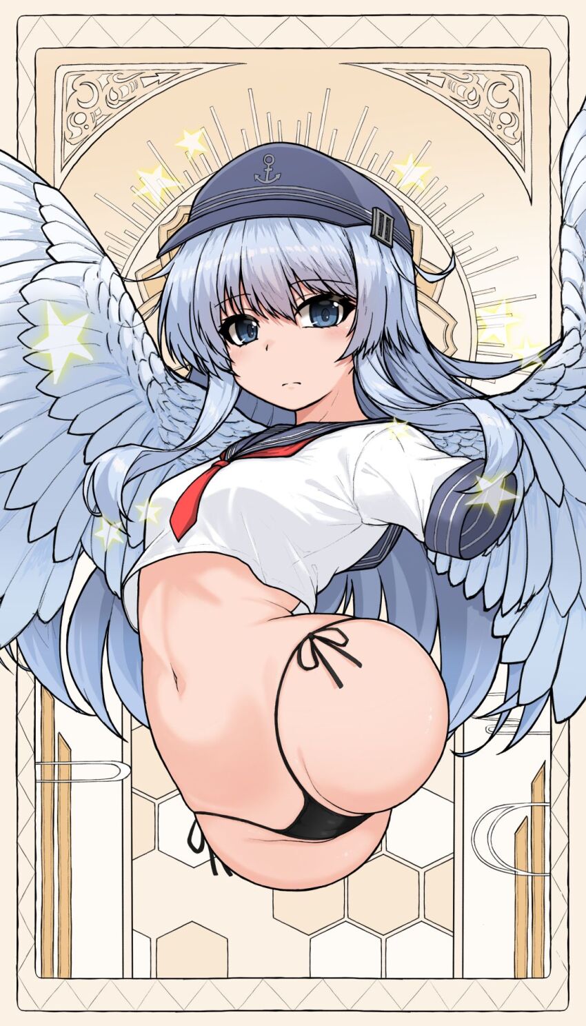 1girl amputee black_panties black_sailor_collar blue_eyes breasts commission feathered_wings flat_cap grey_hair hat hibiki_(kancolle) highleg highleg_panties highres kantai_collection kinakomochi_(testament05) long_hair navel neckerchief panties quadruple_amputee red_neckerchief sailor_collar school_uniform serafuku short_sleeves side-tie_panties skeb_commission small_breasts solo underwear very_long_hair wings