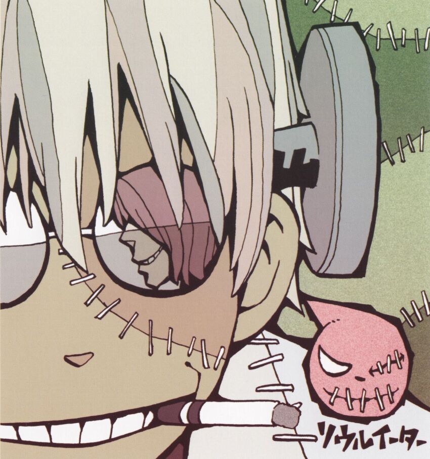 cigarette franken_stein_(soul_eater) frankenstein&#039;s_monster glasses grey_hair highres official_art ohkubo_atsushi red_hair reflection smile soul_eater spirit_albarn stitches