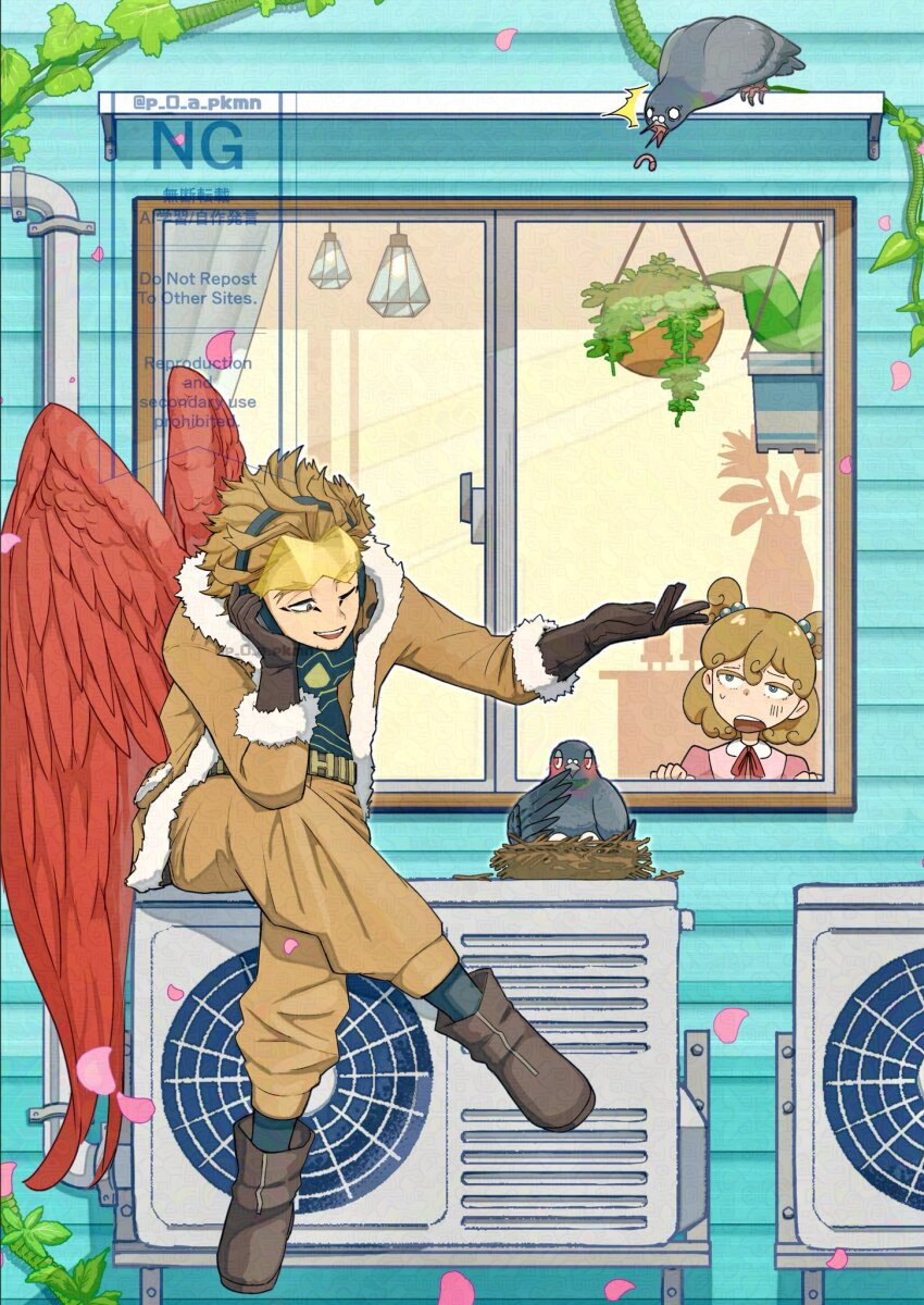 1boy 1girl beard_stubble belt bird blonde_hair boku_no_hero_academia brown_footwear brown_jacket brown_pants character_request facial_hair facial_mark falling_petals feathered_wings fur-trimmed_jacket fur_trim hanging_plant hawks_(boku_no_hero_academia) headphones highres jacket nest open_clothes open_jacket p_0_a pants petals plant potted_plant red_ribbon red_wings ribbon short_hair sitting stubble thick_eyebrows tinted_eyewear twitter_username window wings yellow-tinted_eyewear