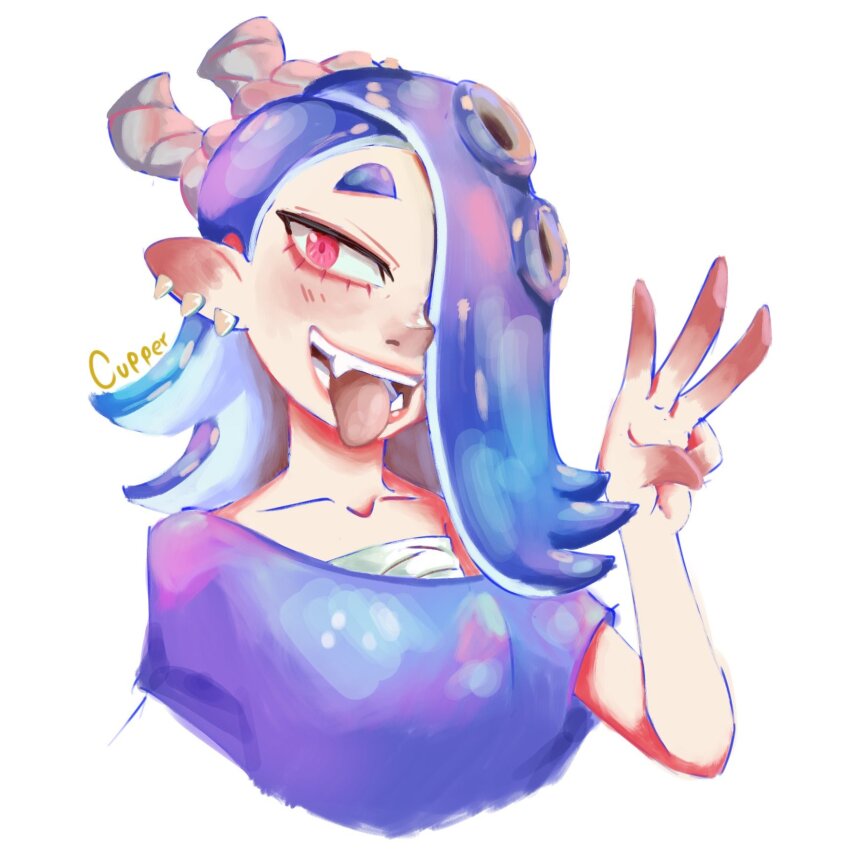 1girl bandages_around_chest cupperexe ear_piercing highres nintendo one_eye_covered piercing red_eyes shiver_(splatoon) splatoon_(series) splatoon_3 tentacle_hair tongue tongue_out