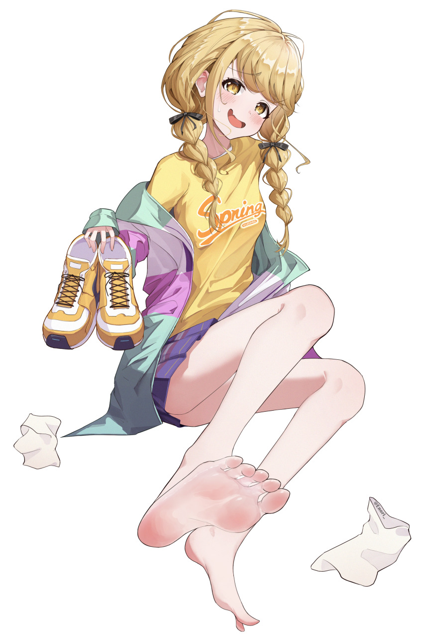 1girl absurdres barefoot blonde_hair blush enori feet fujita_kotone gakuen_idolmaster highres holding holding_shoes idolmaster long_hair looking_at_viewer open_mouth shoes socks soles toes unworn_shoes unworn_socks white_socks yellow_eyes