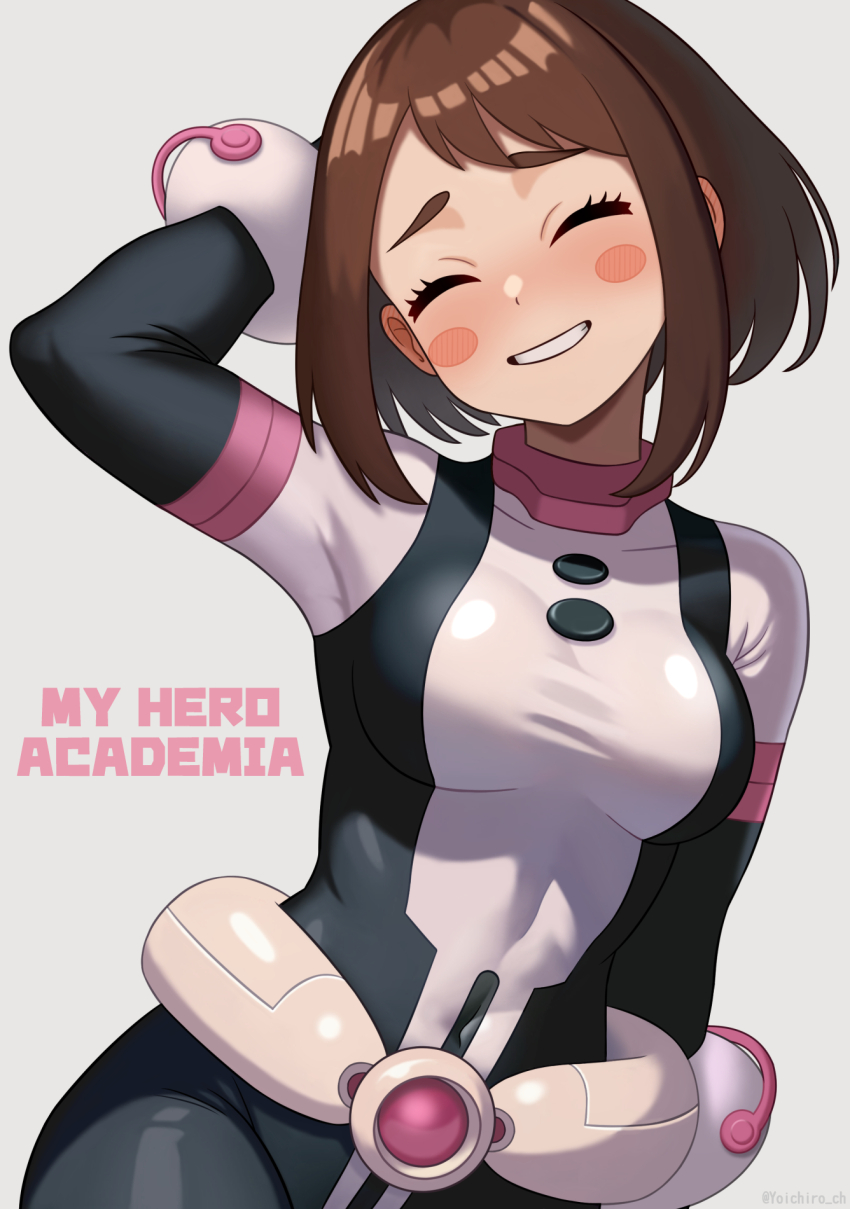 1girl arm_behind_head blush bodysuit boku_no_hero_academia breasts brown_hair closed_eyes facing_viewer grey_background grin highres medium_breasts medium_hair smile solo uraraka_ochako yoichiro_ch