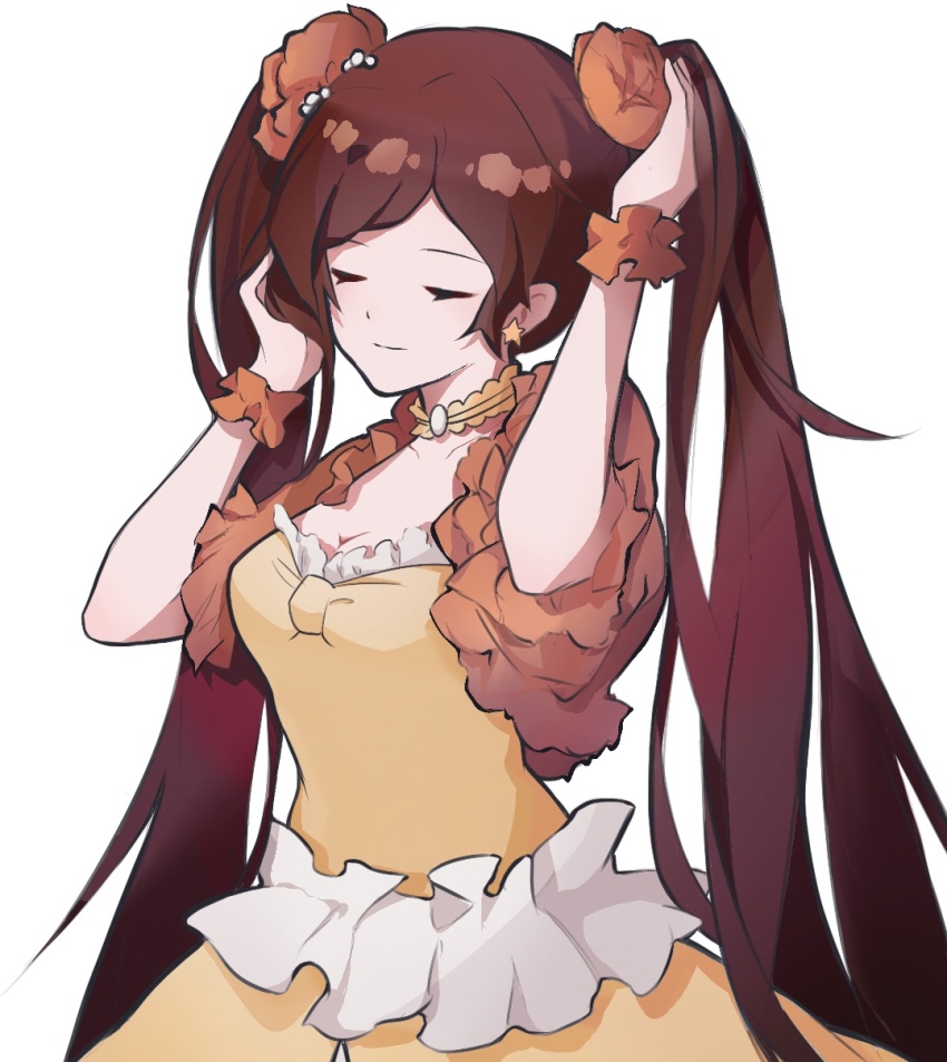 1girl alternate_hairstyle bad_id bad_pixiv_id breasts brown_hair brown_scrunchie cleavage closed_eyes commentary dress earrings female_focus flower hair_flower hair_ornament hands_up highres jewelry mary_hunt otome_game_no_hametsu_flag_shika_nai_akuyaku_reijou_ni_tensei_shite_shimatta scrunchie simple_background sink_831 solo standing star_(symbol) star_earrings twintails wrist_scrunchie yellow_dress