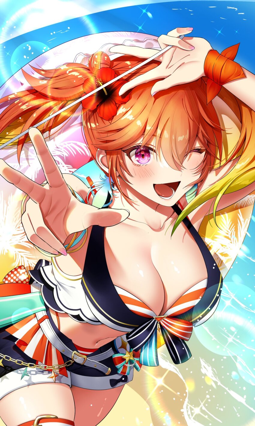 belt bikini bikini_skirt bikini_under_clothes bikini_under_shorts blonde_hair breasts commission flower front-tie_bikini_top front-tie_top hair_flower hair_ornament highleg highleg_bikini highres hololive hololive_english hololive_summer_2023_swimsuit innertube layered_bikini leonis_g looking_at_viewer multicolored_bikini multicolored_clothes multicolored_hair ocean official_alternate_costume orange_bikini orange_hair outdoors purple_eyes ribbon skeb_commission smile striped_bikini striped_clothes swim_ring swimsuit takanashi_kiara thigh_belt thigh_strap twintails two-tone_bikini v virtual_youtuber