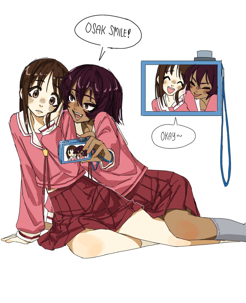 2girls :d :p arm_support artist_name azumanga_daioh&#039;s_school_uniform azumanga_daiou blush breasts brown_eyes brown_hair camera closed_eyes commentary dark-skinned_female dark_skin digital_camera english_text eyelashes feet_out_of_frame hair_between_eyes hair_over_shoulder heads_together highres holding holding_camera kagura_(azumanga_daioh) kasuga_ayumu kyuunn lanyard leaning_to_the_side long_hair looking_at_another looking_at_object looking_to_the_side medium_breasts midriff_peek multiple_girls neck_ribbon nose_blush open_mouth parted_lips pink_ribbon pink_serafuku pink_shirt pleated_skirt red_skirt ribbon romaji_commentary sailor_collar school_uniform serafuku shirt short_hair signature sitting skirt small_breasts smile speech_bubble teeth tongue tongue_out upper_teeth_only white_sailor_collar winter_uniform yokozuwari