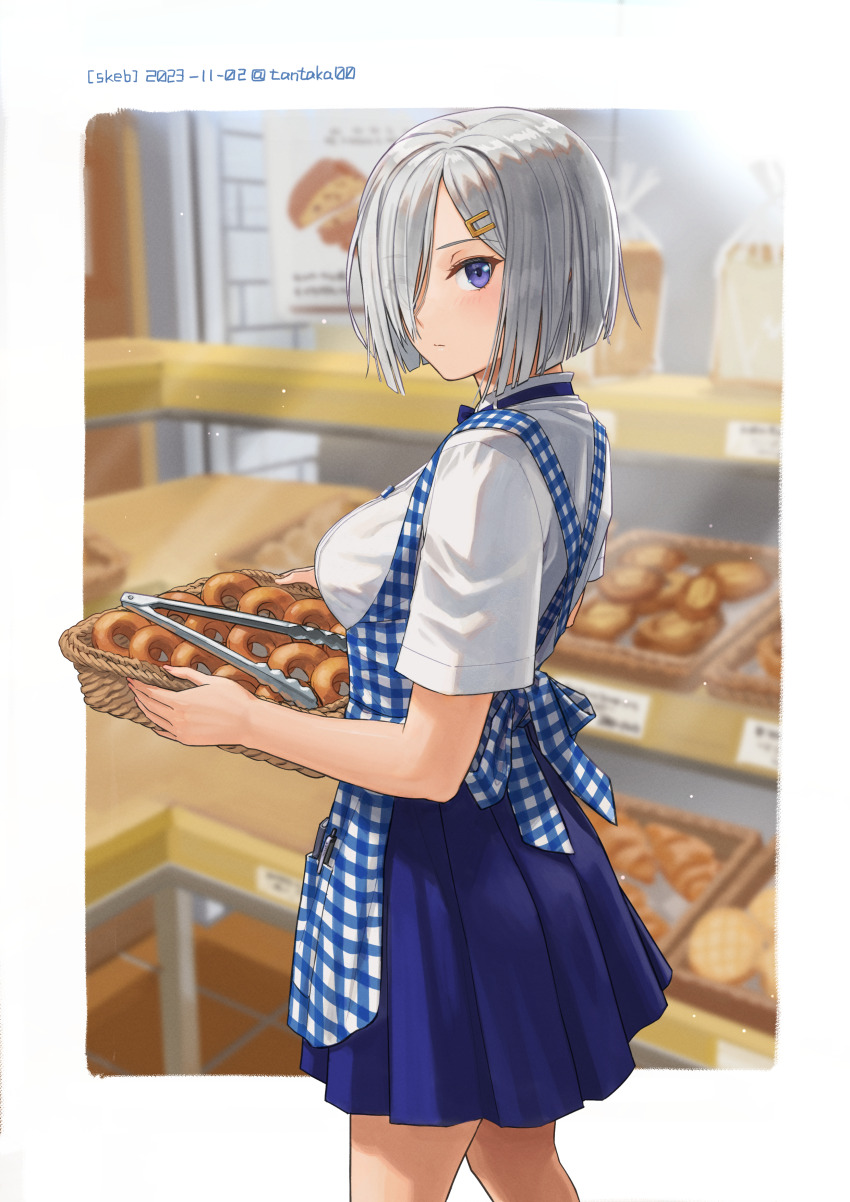 1girl absurdres apron basket blue_apron blue_skirt breasts collared_shirt commentary_request commission doughnut food grey_hair hair_ornament hair_over_one_eye hairclip hamakaze_(kancolle) highres holding holding_basket indoors kantai_collection large_breasts looking_at_viewer looking_to_the_side plaid_apron plaid_clothes shirt short_hair skeb_commission skirt solo tantaka white_shirt