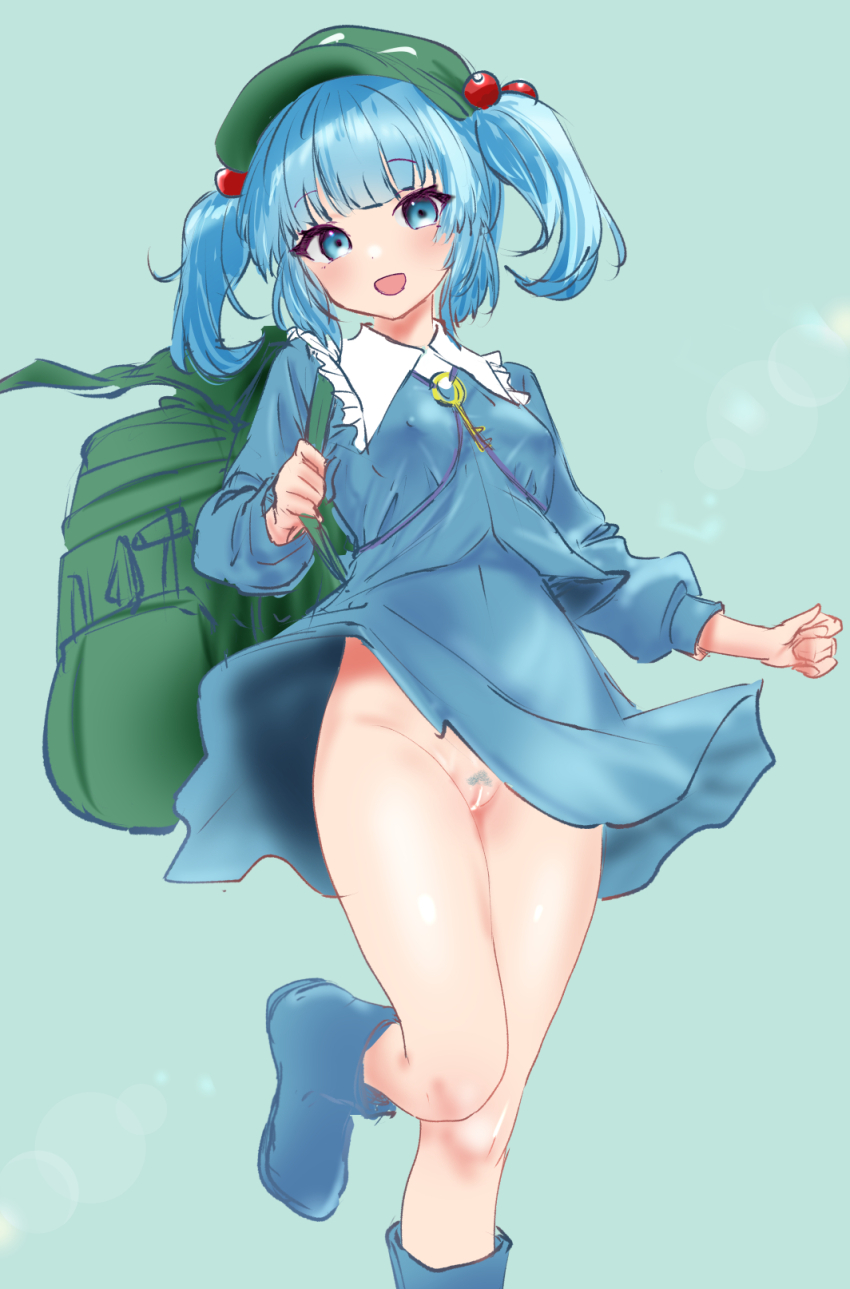 1girl :d backpack bag blank_censor blue_boots blue_eyes blue_hair blue_pubic_hair blue_shirt blue_skirt blunt_bangs boots cabbie_hat censored clenched_hands clothes_lift collared_shirt colored_pubic_hair commentary covered_erect_nipples green_background green_bag green_hat hat highres jewelry kawashiro_nitori key key_necklace looking_at_viewer medium_hair necklace no_panties open_mouth pubic_hair rubber_boots shirt simple_background skirt skirt_lift skirt_set smile soara_shimomo solo sparse_pubic_hair standing standing_on_one_leg touhou two_side_up