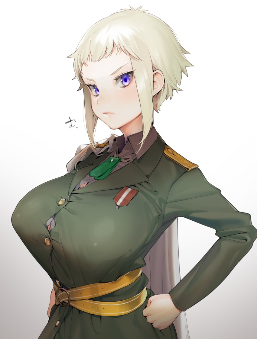 10s 1girl bad_id bad_pixiv_id belt blush breasts cape closed_mouth collared_shirt copyright_request female_focus gradient_background green_jacket grey_background grey_shirt hand_on_own_hip highres huge_breasts jacket looking_at_viewer maerchen_maedchen maria_rasputin military military_uniform ohisashiburi purple_eyes shirt short_hair sidelocks silver_hair solo upper_body white_background wing_collar