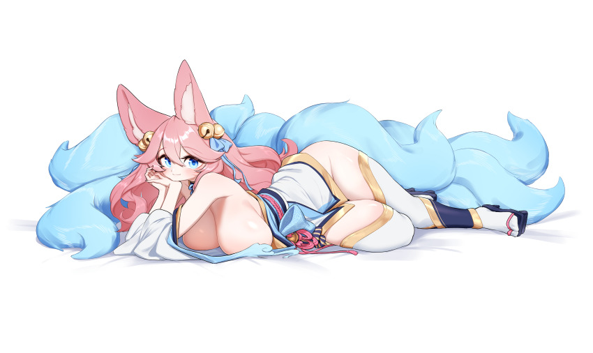 1girl absurdres ahri_(league_of_legends) animal_ears bare_shoulders bell blue_eyes blue_footwear blue_ribbon blue_tail breasts closed_mouth commentary dated_commentary fingernails fox_ears fox_girl fox_tail geta groin hair_bell hair_between_eyes hair_ornament hair_ribbon highres huge_breasts japanese_clothes jingle_bell kimono league_of_legends looking_at_viewer lying multiple_tails on_side pink_hair pink_nails pink_sash ribbon sash simple_background solo spirit_blossom_ahri tail thighhighs thighs white_background white_kimono white_thighhighs yabby