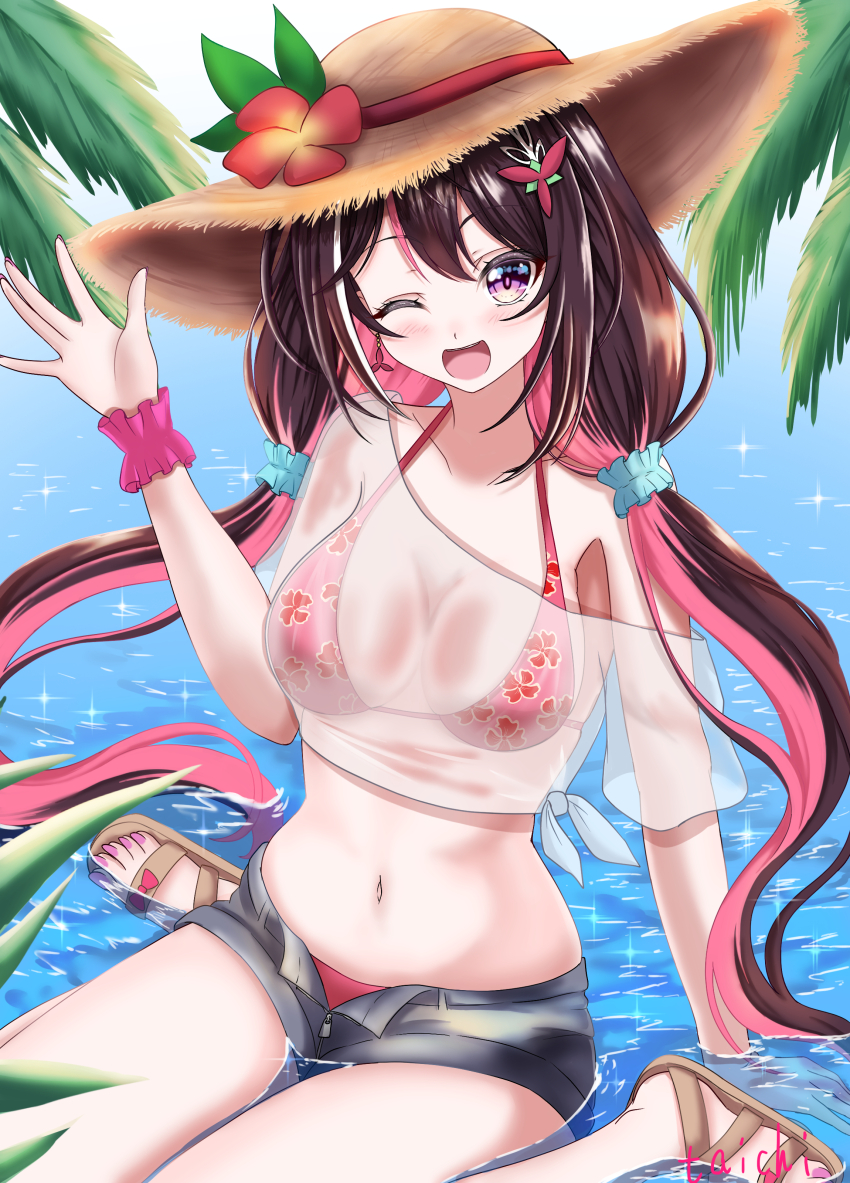 absurdres alternate_costume azki_(hololive) bikini black_hair breasts cleavage colored_inner_hair crop_top hat highres hololive looking_at_viewer medium_breasts multicolored_hair navel ocean off-shoulder_shirt off_shoulder on_floor one_eye_closed palm_leaf partially_submerged pink_bikini pink_eyes pink_hair sandals see-through_clothes shirt short_shorts shorts smile straw_hat swimsuit taichi8882 virtual_youtuber waving_hands wet wet_clothes wet_shirt white_shirt