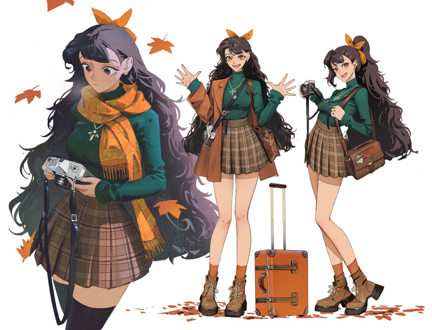 1girl :d autumn_leaves bag black_thighhighs boots breasts breath brown_bag brown_eyes brown_footwear brown_hair camera coat commentary earrings english_commentary eyelashes ga_is handbag hands_up high_ponytail highres holding holding_camera jewelry leaf long_hair long_sleeves looking_at_viewer medium_breasts miniskirt multiple_views necklace open_mouth orange_coat orange_ribbon orange_scarf orange_socks original plaid_clothes plaid_skirt pleated_skirt ribbed_sweater ribbon rolling_suitcase scarf simple_background skirt smile socks suitcase sweater thighhighs upper_body very_long_hair white_background zettai_ryouiki