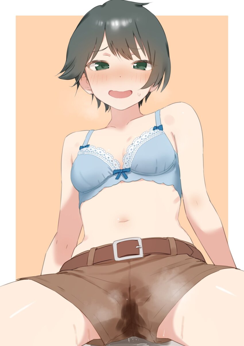 1girl belt black_hair blush bra breasts green_eyes highres kantai_collection khaki_pants medium_breasts mogami_(kancolle) pussy_juice pussy_juice_stain sakiecho short_hair shorts simple_background spread_legs underwear wavy_mouth yellow_background