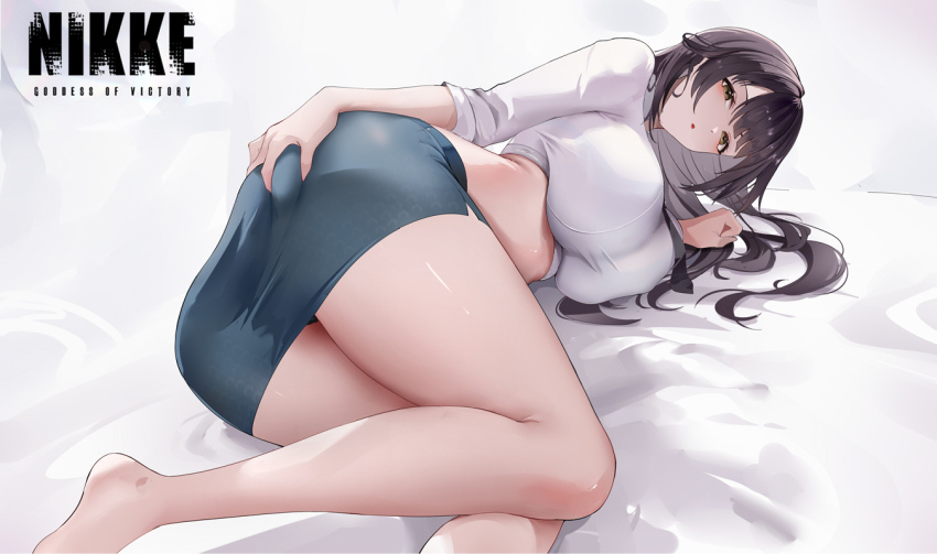 1girl ass baige0 barefoot black_hair blue_skirt blush breasts commentary_request copyright_name goddess_of_victory:_nikke large_breasts long_hair looking_at_viewer lying marciana_(nikke) marciana_(school_days)_(nikke) miniskirt official_alternate_costume on_side paid_reward_available parted_lips revision shirt skirt solo thighs white_background white_shirt yellow_eyes