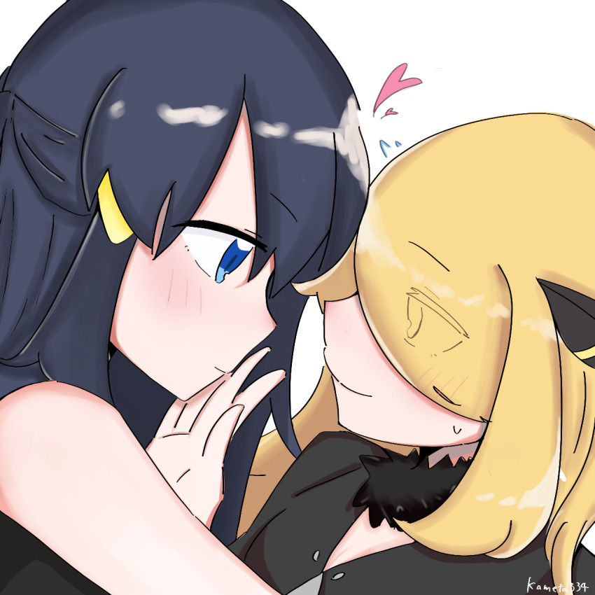 2girls age_difference black_collar black_jacket black_tank_top blonde_hair blue_eyes blue_hair blush closed_mouth collar creatures_(company) cynthia_(pokemon) dawn_(pokemon) eyebrows eyelashes game_freak hair_between_eyes hair_over_one_eye hand_on_another&#039;s_face hand_to_mouth highres jacket looking_at_another multiple_girls nintendo onee-loli pokemon pokemon_dppt simple_background smile sweatdrop tank_top white_background yuri