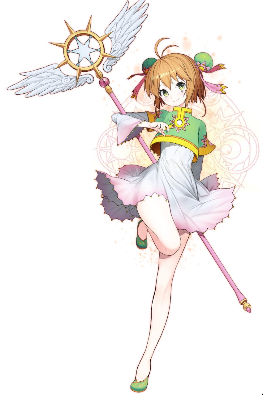 1girl absurdres adapted_costume antenna_hair brown_hair cardcaptor_sakura cardcaptor_sakura_clear_card_arc clear_card cosplay double_bun dress green_eyes hair_bun hair_ribbon highres holding holding_staff kinomoto_sakura leg_up li_xiaolang li_xiaolang_(cosplay) long_sleeves looking_at_viewer mam_e pink_ribbon ribbon shoes short_dress short_hair solo staff standing standing_on_one_leg white_background white_dress