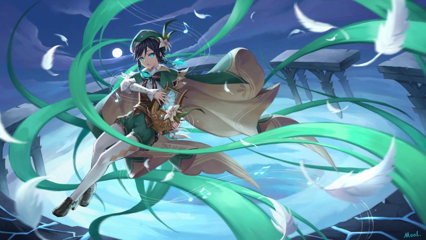 1boy aqua_eyes aqua_hair artist_name bard beret black_bow black_footwear black_hair bow braid cape capelet cloud cloudy_sky collared_capelet commentary_request corset feathers floating_hair flower flying genshin_impact gradient_hair green_cape green_capelet green_hat green_shorts hair_between_eyes hat hat_flower highres holding holding_instrument instrument loafers long_sleeves looking_at_viewer lyre magic male_focus mool_yueguang motion_blur multicolored_hair music musical_note open_mouth pantyhose playing_instrument shirt shoes short_hair_with_long_locks shorts side_braids signature sky sleeves_past_wrists solo staff_(music) striped_bow swept_bangs twin_braids two-tone_cape venti_(genshin_impact) white_feathers white_flower white_pantyhose white_shirt wind yellow_cape