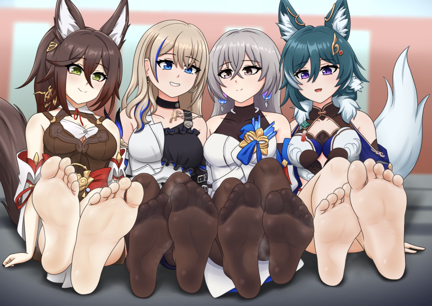 4girls animal_ears barefoot blonde_hair blue_eyes bronya_rand brown_eyes brown_hair feet flickmann_ss green_hair grey_hair grin highres honkai:_star_rail honkai_(series) long_hair looking_at_viewer multiple_girls open_mouth pantyhose ponytail purple_eyes serval_landau smile soles steam tail tingyun_(honkai:_star_rail) toes yellow_eyes yukong_(honkai:_star_rail)