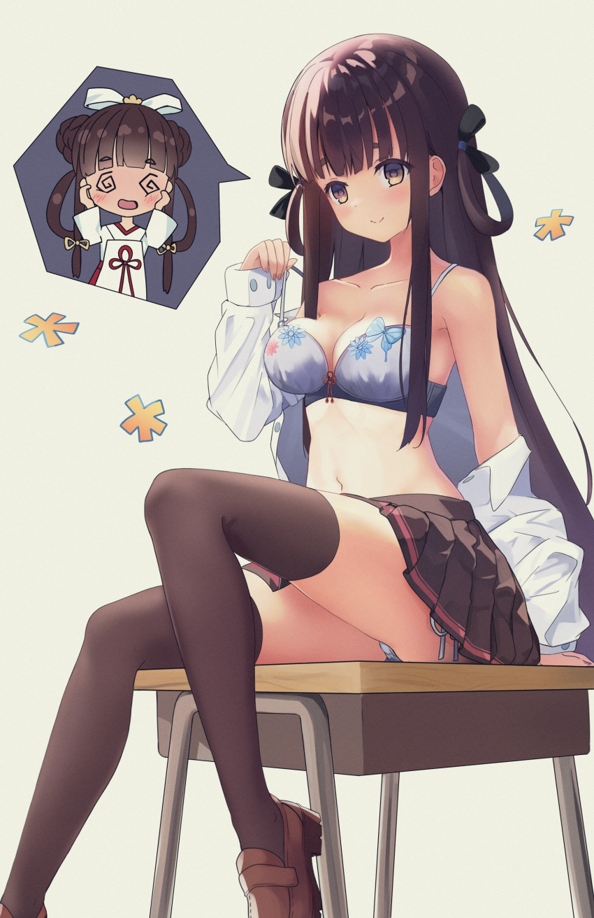 1girl @_@ absurdres alternate_hairstyle bad_id bad_pixiv_id black_hair black_thighhighs blush breasts cleavage girl_cafe_gun hair_ornament hair_rings highres kikuri_yuki long_hair looking_at_viewer medium_breasts panties pantyshot simple_background sitting smile solo sweetalpha thighhighs underwear