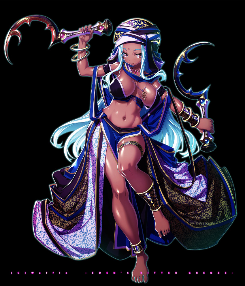 1girl absurdres anklet aqua_hair barefoot black_background bracelet breasts dark-skinned_female dark_skin dual_wielding eden&#039;s_ritter_grenze facial_mark forehead_mark full_body highres holding jewelry khopesh large_breasts long_hair looking_at_viewer navel necklace red_eyes revealing_clothes reverse_grip sakuya_tsuitachi shiny_skin solo standing standing_on_one_leg thighlet very_long_hair