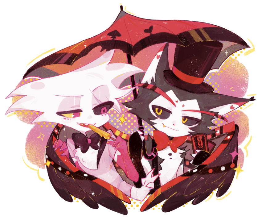 2boys angel_dust animal_ears animal_nose black_bow black_bowtie black_fur black_headwear black_sclera black_wings body_fur bow bowtie card cat_boy cat_ears closed_mouth colored_sclera commentary cropped_torso extra_arms fang fang_out food food_in_mouth furry furry_male gloves half-closed_eyes hand_on_another&#039;s_wing hat hazbin_hotel highres holding holding_card holding_food holding_popsicle holding_umbrella husk_(hazbin_hotel) jacket looking_at_another male_focus mismatched_sclera monster_boy multicolored_background multicolored_wings multiple_boys open_mouth pink_background pink_eyes pink_gloves pink_jacket playing_card popsicle popsicle_in_mouth purple_background red_bow red_bowtie red_umbrella red_wings shai_(keyichidexiaoye) shared_umbrella sharp_teeth simple_background smile sparkle striped_clothes striped_jacket suspenders symbol-only_commentary teeth top_hat traditional_bowtie two-tone_fur umbrella white_background white_fur white_gloves wings yellow_background yellow_eyes yellow_sclera yellow_teeth