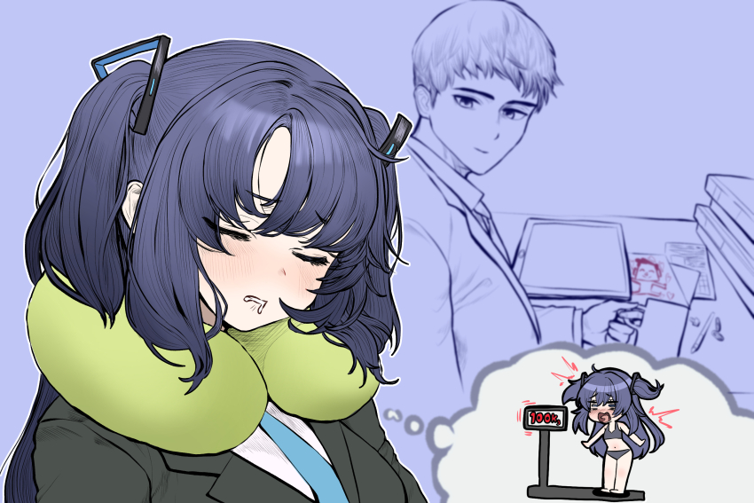 1boy 1girl ^^^ doodle_sensei_(blue_archive) blue_archive blue_necktie blush chroong closed_eyes cup dreaming facing_viewer formal highres holding holding_cup long_hair looking_at_another mug neck_pillow necktie purple_background purple_hair saliva saliva_trail sensei_(blue_archive) simple_background sleeping suit surprised thought_bubble triangle_hair_ornament two_side_up upper_body weighing_scale weight_conscious yuuka_(blue_archive)