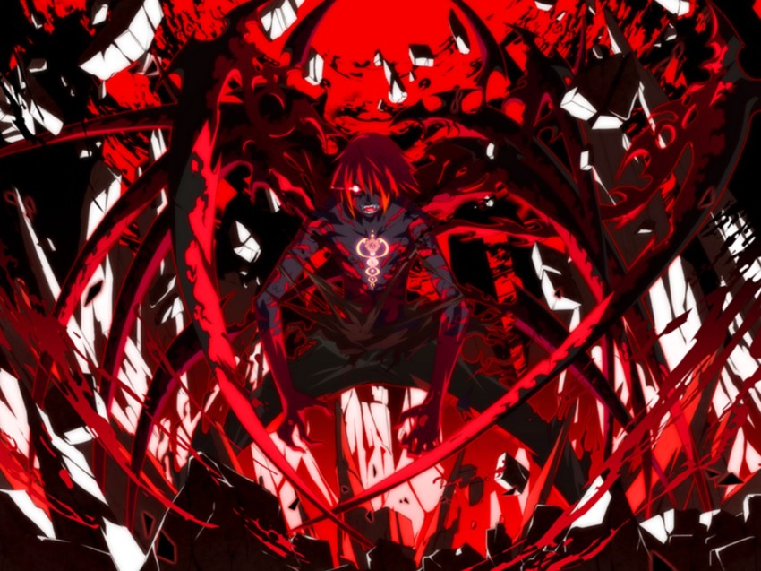 1boy angry black_skin caduceus colored_skin dark_persona dies_irae fujii_ren g_yuusuke game_cg glowing glowing_eyes hair_over_one_eye highres male_focus red_eyes red_hair red_theme rubble scythe shinza_bansho_series topless_male solo tattoo teeth torn_clothes