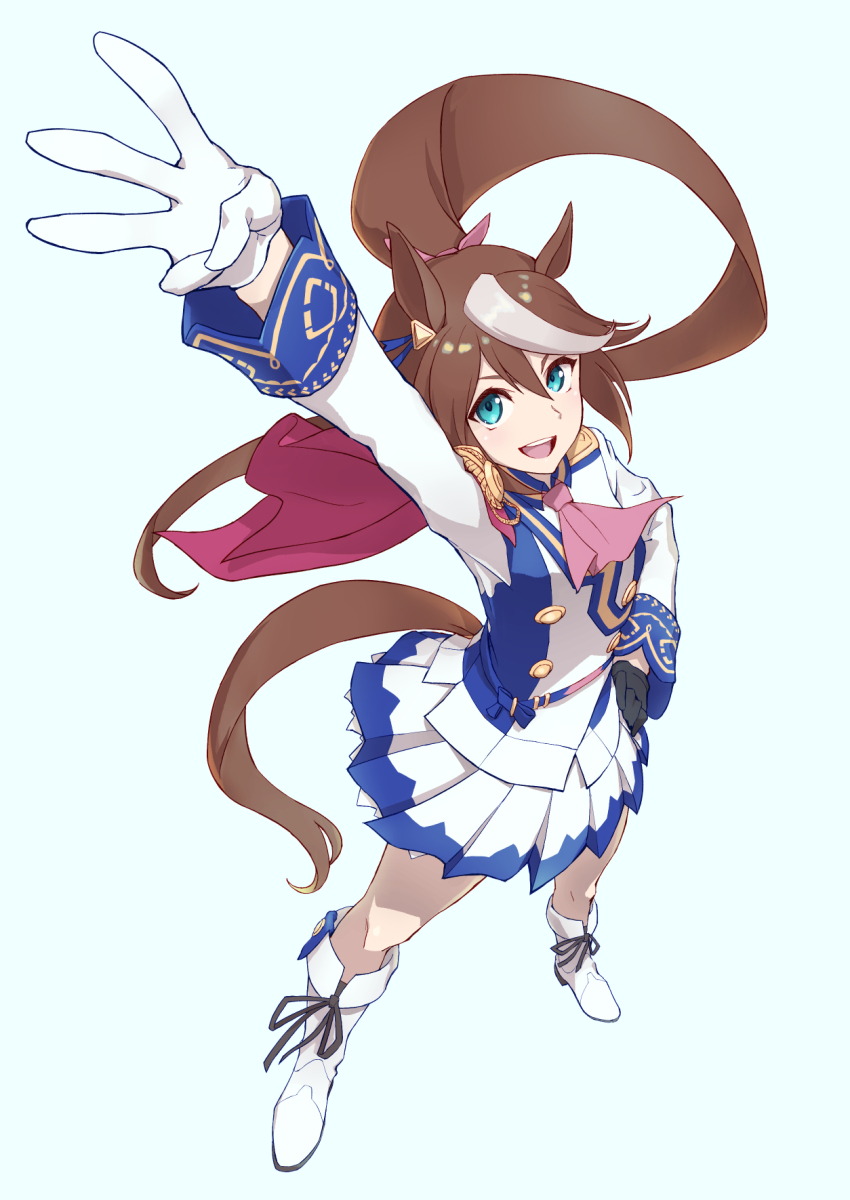 1girl animal_ears ascot black_gloves blue_eyes blue_skirt boots bow brown_hair clenched_hand commentary_request epaulettes flat_chest from_above full_body gloves hair_between_eyes hair_bow high_ponytail highres horse_ears horse_girl horse_tail long_hair looking_at_viewer middle_w multicolored_hair open_mouth pink_ascot pink_bow ponytail simple_background single_epaulette skirt smile solo standing streaked_hair tail tenkey2022 tokai_teio_(umamusume) two-tone_hair umamusume very_long_hair w white_background white_footwear white_gloves white_hair