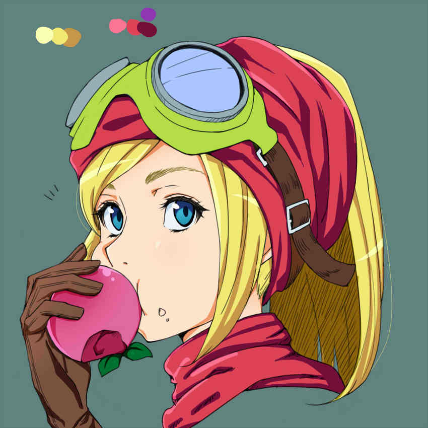 1girl bad_id bad_pixiv_id biting blonde_hair blue_eyes brown_gloves dragon_quest dragon_quest_builders eating female_builder_(dqb) female_focus food food_on_face fruit gloves goggles goggles_on_head green_background heroine_(dqb) higawari_monsuta highres jpeg_artifacts long_hair looking_at_viewer notice_lines portrait scarf simple_background solo