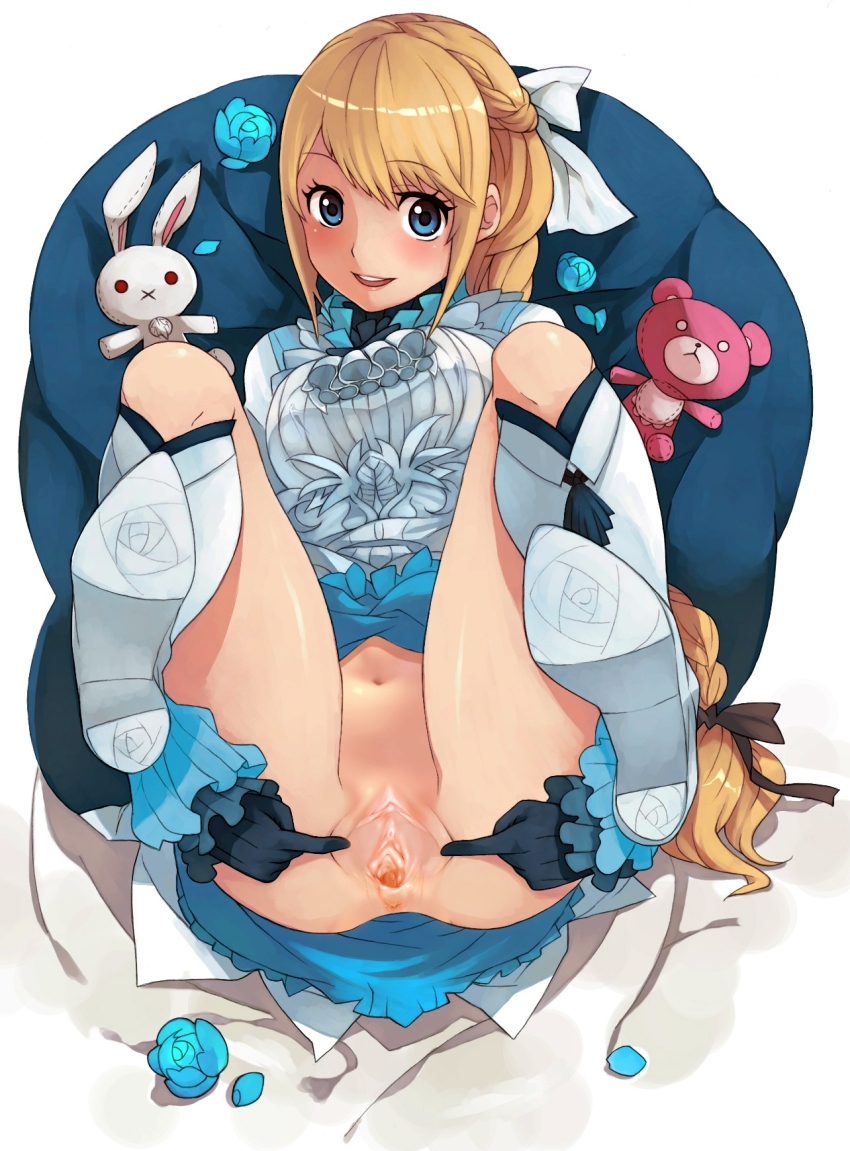 ass blonde_hair blush boots bottomless caee_penguin clitoris clothes_lift dress dress_lift flower gloves granado_espada highres no_panties petals pussy pussy_juice ribbon skirt skirt_lift source_request spread_legs spread_pussy stuffed_animal stuffed_toy uncensored valeria_(granado_espada)