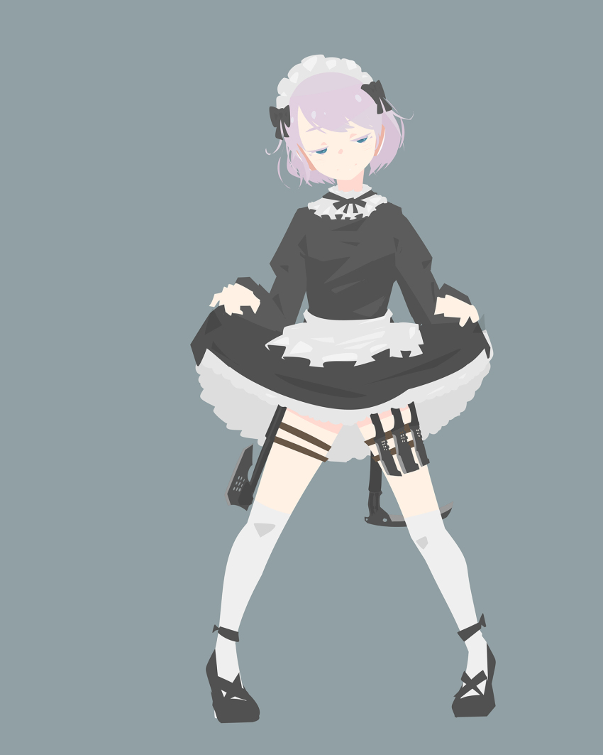 alternate_costume apron black_bow black_dress black_footwear blue_eyes bow closed_mouth commentary_request curtsey dress enmaided expressionless frilled_apron frills full_body grey_background grey_hair grey_socks hair_bow half-closed_eyes hara_id_21 headphones highres holster kama_(weapon) long_sleeves looking_at_viewer maid maid_headdress morohoshi_subaru no_lineart pigeon-toed shoes short_hair sickle simple_background socks solo station_memories thigh_holster tomahawk waist_apron white_apron