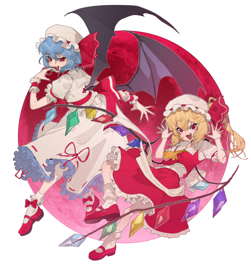 2girls absurdres ascot back_bow bat_wings black_wings blue_hair bobby_socks bow bow_legwear center_frills commentary crystal crystal_wings fang fingernails firran0830 flandre_scarlet frilled_cuffs frilled_shirt_collar frilled_skirt frilled_sleeves frilled_socks frills full_body hand_up hands_up hat hat_bow highres long_hair looking_at_viewer mary_janes mob_cap moon multiple_girls open_mouth puffy_short_sleeves puffy_sleeves red_bow red_eyes red_footwear red_moon red_nails red_ribbon red_skirt red_vest remilia_scarlet ribbon ribbon-trimmed_skirt ribbon_trim sharp_fingernails shirt shoes short_hair short_sleeves siblings side_ponytail sisters skirt skirt_set sleeve_ribbon smile socks touhou vest white_background white_bow white_hat white_shirt white_skirt white_socks wings wrist_cuffs yellow_ascot