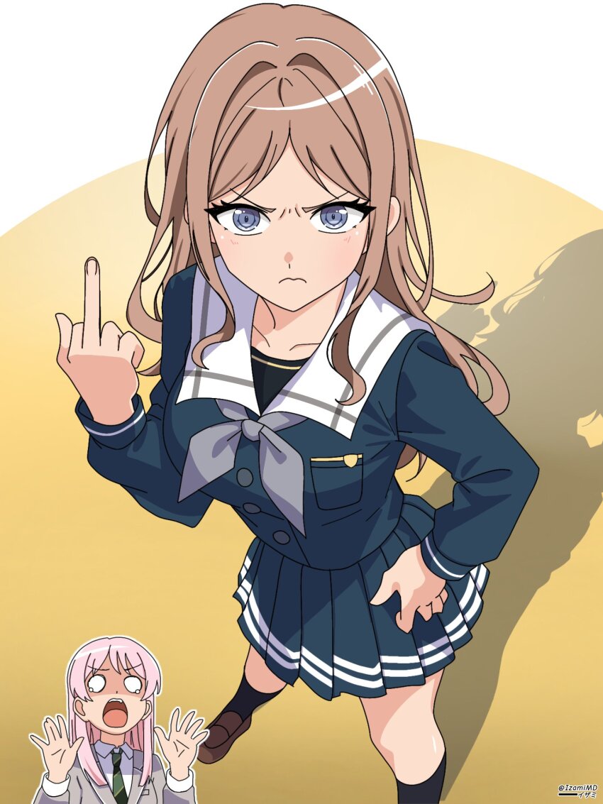 2girls angry bang_dream! bang_dream!_it&#039;s_mygo!!!!! breasts brown_hair chihaya_anon highres izami_md long_hair looking_at_viewer middle_finger multiple_girls nagasaki_soyo pink_hair school_uniform