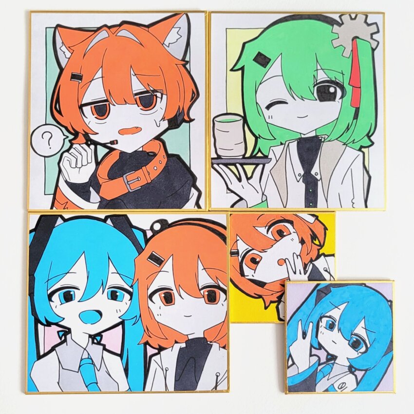 3girls a.i._voice adachi_rei animal_collar animal_ear_fluff animal_ears black_eyes black_shirt blue_eyes blue_hair blue_necktie cat_ears chaun_meguri chiori_(_chio_ri) closed_mouth collar cup gear_hair_ornament gloves green_hair green_tea grey_shirt hair_intakes hair_ornament hair_ribbon hairclip hand_up hatsune_miku headset highres holding holding_tray jacket kemonomimi_mode long_hair long_sleeves looking_at_viewer medium_hair multiple_girls multiple_views necktie off_shoulder one_eye_closed one_side_up open_clothes open_jacket open_mouth orange_collar orange_eyes original outside_border red_ribbon ribbon shikishi shirt short_hair sleeveless sleeveless_shirt smile tea traditional_media tray twintails upper_body utau v vocaloid white_gloves white_jacket yunomi