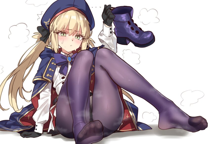 1girl absurdres artoria_caster_(fate) artoria_caster_(second_ascension)_(fate) artoria_pendragon_(fate) black_cape black_gloves blonde_hair cape closed_mouth commentary ebora fate/grand_order fate_(series) feet frown gloves green_eyes hat highres holding_shoe long_hair long_sleeves pantyhose shirt sitting solo steaming_body sweat twintails white_background white_shirt