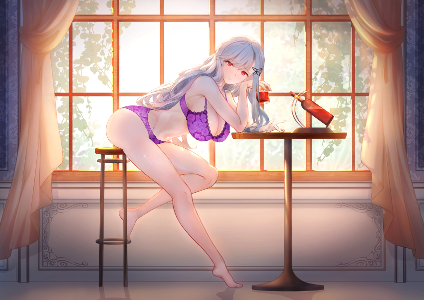 1girl absurdres akai-shiya azur_lane bare_shoulders bent_over bra breasts cup curtains dunkerque_(azur_lane) from_side full_body grey_hair hanging_breasts highres holding holding_cup huge_breasts indoors lace lace-trimmed_bra lace_trim long_hair looking_at_viewer panties pink_bra pink_panties red_eyes round_table sitting solo table underwear window