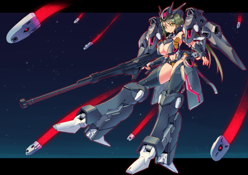 1girl absurdres ag_00000 breasts cleavage cleavage_cutout clothing_cutout elbow_gloves fingerless_gloves floating funnels_(gundam) gloves green_eyes green_hair grey_gloves grey_leotard grey_thighhighs gun gundam gundam_pharact gundam_suisei_no_majo headgear highres humanization large_breasts leotard letterboxed long_hair looking_at_viewer low_ponytail mecha_musume armored_boots navel rifle science_fiction smile sniper_rifle solo space stomach_cutout thighhighs trigger_discipline v-fin v-shaped_eyebrows very_long_hair weapon