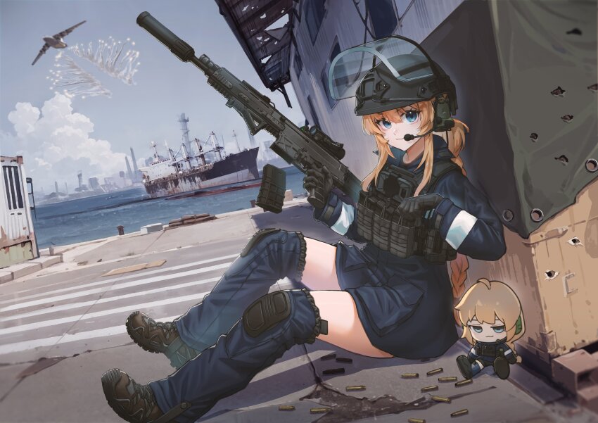 1girl absurdres aircraft airplane black_helmet blonde_hair blue_eyes blue_jacket blue_skirt braid brown_footwear character_doll closed_mouth commentary commission detached_pants ear_protection english_commentary gun hair_between_eyes headset helmet highres holding holding_gun holding_weapon indie_virtual_youtuber jacket long_hair looking_at_viewer on_ground second-party_source shell_casing ship shoes sitting skirt smile solo tuziki_sang very_long_hair virtual_youtuber water watercraft weapon weapon_request whiskey_project